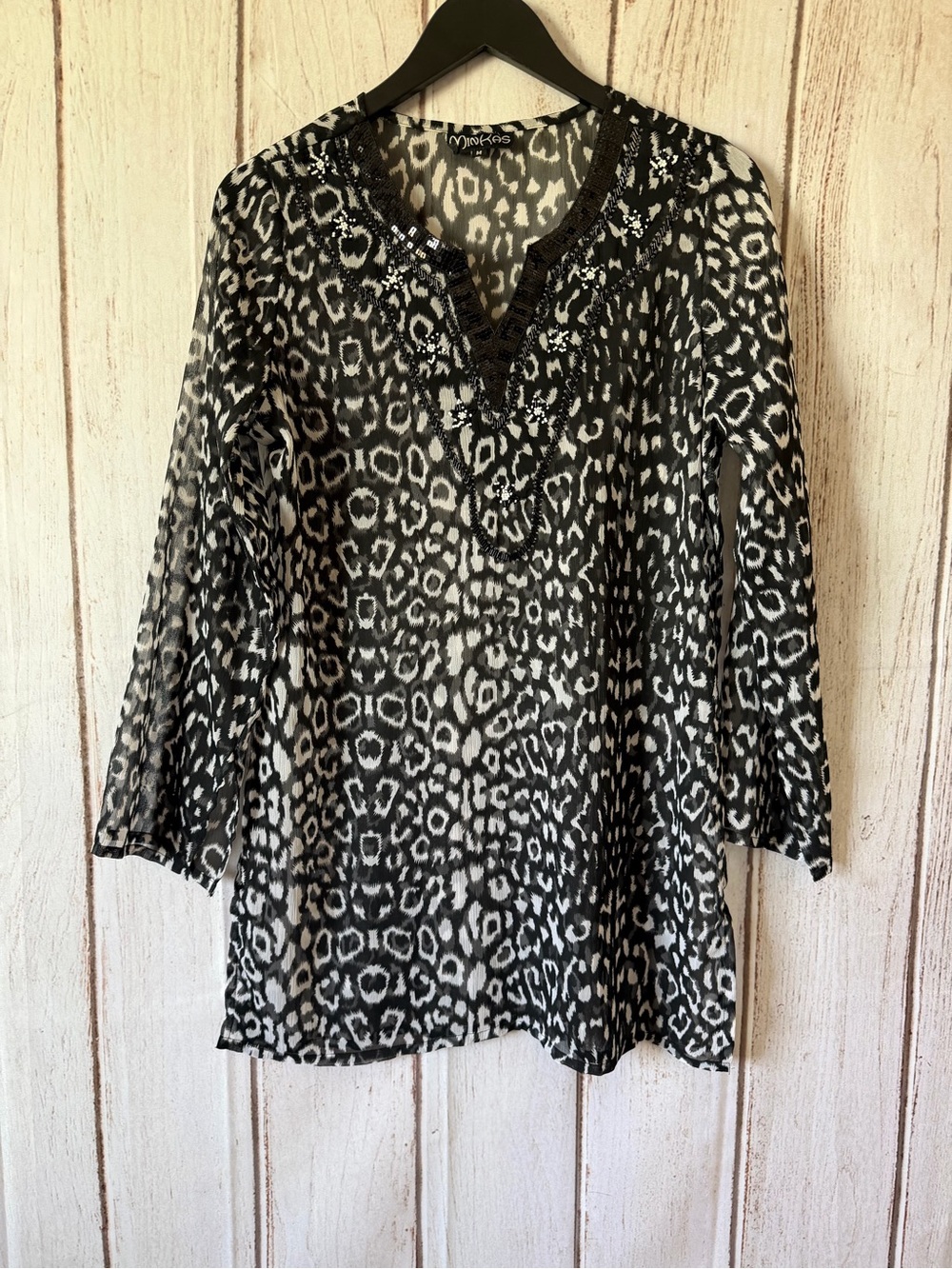 Minkas Leopard Print Beaded V-Neck Tunic Blouse Bathing Suit Cover up Size M